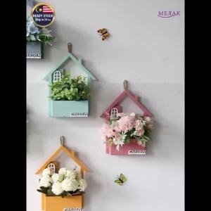 Wood House Wall Hanging Flower Rack Pot Set Flower Home Balcony Garden Decor Shelf Wall Decor Rak Bunga Hiasan Gantung Kayu 房子形壁挂花架