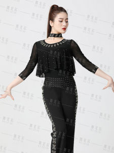 New Style Modern Dance Top Womens Latin Dance Long-Sleeved Design Sense Fashionable Standard Ballroom Dancing Clothing Square Performance and Show