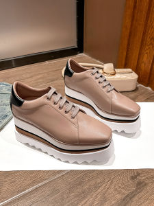 Stella Womens Thick Bottom Slip-On Shoes 2025 New Square Head Versatile Genuine Leather Small Height Increase Stripe Platform Shoes