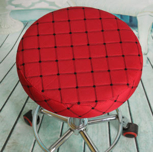 เก้าอี้บาร์แบบมีที่นั่งรูปวงกลม เคลือบหนัง PU ทรงเก้าอี้สำหรับใช้ในร้านเสริมสวย ผ้าฝ้ายลายสก็อต สไตล์โมเดิร์น เก้าอี้แบบหมุนได้