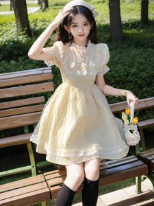 Sweet French Style Summer Dress 2024 New Lace Embellished High Waist A-Line Skirt with Short Sleeves for Women
