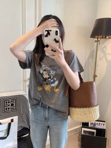 Womens round Neck Short Sleeve T-Shirt Korean Style Fashion Print Base Shirt Top Cartoon Design Cotton Blend Regular Fit
