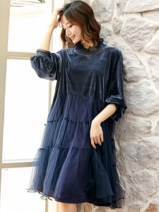 Elegant plus Size Velvet A-Line Dress Spring Fashion Slimming Grey Mesh Splice Long Sleeve High Waist Casual Style Womens Dress