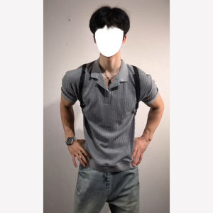 OUMULONG | Textured Vertical Stripe Polo Shirt Summer Relief Texture