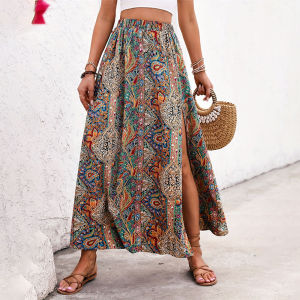 Bohemian Boho Retro Floral Print Skirts Women Indie Folk Summer High Waist A-Line Pleated Long Skirts Casual Holiday Beach Skirt