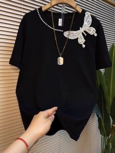 Áo Thun Ngắn Tay Đính Cườm Bướm Rộng Rãi Nữ Áo Thun Mùa Hè Phong Cách Mới Phù Hợp Với Vai Cỡ Lớn Phong Cách Hàn Quốc Thoải Mái Cotton Vải Bông Áo