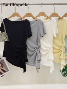 La Chapelle | Asymmetric Round Neck Straight Shoulder Large Size Slimming Womens T-shirt
