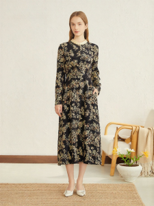 Autumn Silk Twill Floral Contrast Collared Slim Fit Dress