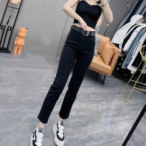 High Waist Straight Leg Denim Jeans Womens Spring New Style Khaki Nine Points Ladies Small Size Cotton Elastic Denim Pants