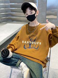 Boys Loose Fit Hoodie Spring Autumn Cartoon Letter Print Casual Polyester Fiber Childrens Wear Comfortable Breathable Top