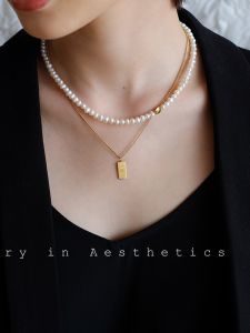 Double Layer Natural Freshwater Pearl Necklace Fashionable Vintage Style Womens Titanium Steel Chain Jewelry Accessory