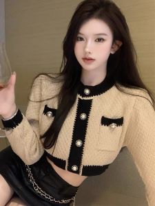 New Style Color Block Long Sleeve round Neck Short Knitted Cardigan Womens Fashionable Pocket Outerwear Autumn Season
