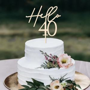 YOMDID Hello 40 Birthday Cake Topper Wooden 40th Cake Toppers for 40th Birthday Wedding Anniversary Cake and Cupcake Decorations