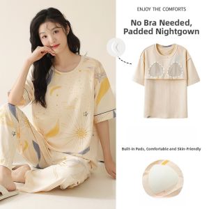 Miiow | Pure Cotton Womens Sleepwear Set With Chest Pad Summer Lightweight Comfortable Short Sleeve Long Pants Home Clothes Sweet Style