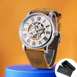 Forsining Cổ Điển Nam Đồng Hồ Cơ Skeleton Hand Winding Dạ Quang Tay Dây Da Màu Nâu Kinh Doanh Đồng Hồ Đeo Tay Chống Sốc