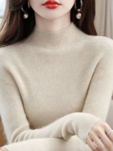 Womens Knitted Sweater Half High Collar Cashmere Woolen Garment Slim Fit Long Sleeve Solid Color Winter Warm Fashion Top