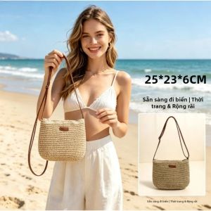 Túi Đeo Vai Dệt Bằng Rơm Nhẹ Dành Cho Nữ Túi Đeo Vai Du Lịch Đi Biển Đa Năng Hình Dạng Xô Bằng Vải Cotton Đơn Giản