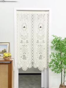 Cute Cat Lace Door Curtain Vintage Hollow Semi‑Sheer Rod Pocket Cabinet Curtain Kitten Flower for Home Cafe Window Decor