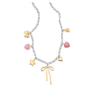 JeeMango Fashion bowknot Heart Flower Pendant Necklace 18K Gold Color Plated Stainless Steel Jewelry Womens Accessories N25092