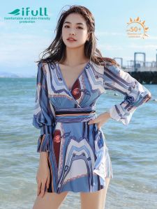 iFULL | Long Sleeve Womens Swimsuit Plus Size One-Piece Hot Spring Slimming Belly Cover Sun Protection