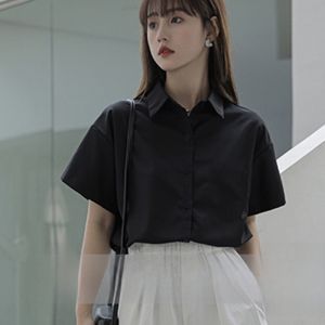 Black Slim Fit Anti-Wrinkle Short Sleeve Womens Shirt Spring Summer Basic Style Korean Version POLO Collar Single Button