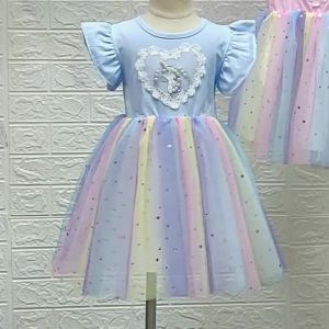 2-10 Years Unicorn Summer Girls Dress Cute Cartoon Mesh Girls Princess Dress Piano Performance Costume Birthday New Kids Clothes