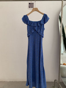 Váy Dài Chữ a Họa Tiết Hoa Kiểu Pháp Cho Nữ Mùa Hè Cổ Chữ U Váy Midi Thon Gọn Xếp Ly Ren Chất Liệu Polyester