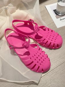 Retro Barbie Pink Roman Sandals Womens Summer Fashion Holiday Beach Flat Jelly Shoes Thin Straps Korean Style Hollow out PVC