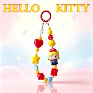 Sanrio | Fashion Sanrio Hello Kitty Denim Outfit Beaded Phone Wrist Strap Cute Red Yellow INS Handmade Bead Keychain Bag Pendant Lanyard