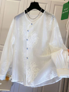 Áo Thun Chống Nắng Tay Dài Màu Trắng Mùa Hè 2025 Cho Nữ Áo Thun Mỏng Rộng Rãi Thêu Chất Liệu Cotton Phong Cách Mới