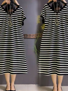 ชุดเดรสแขนสั้นคอตั้งลายทางสไตล์เกาหลีสำหรับผู้หญิงไซส์ใหญ่ ชุดเดรสยาวทรงเอเอวสูง ชุดทำงานฤดูร้อน