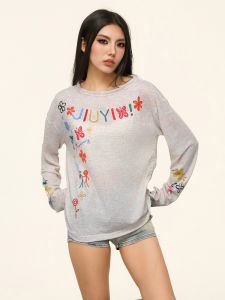 Zhang Jiuyi Store Long Sleeve Printed T-Shirt One Shoulder Sun Protection Top Womens Casual Fashion Korean Style Loose Fit