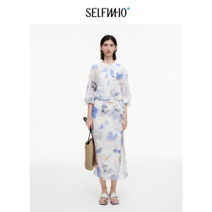 Lyocell Blend Printed Tie-waist Shirt Dress