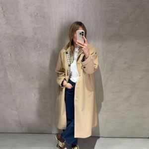 Long Trench Casual Double Side Womens Coat Single Breasted Lapel Pockets Full Sleeve Plaid Windbreaker 2026 Lady Spring Autumn