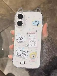Magic Cute Cat Ear Phone Case Self-Mocking Bear Transparent Protective Cover for iPhone 17 pro Max 16 pro 15 Girl 14 plus 13 Anti-Fall 12