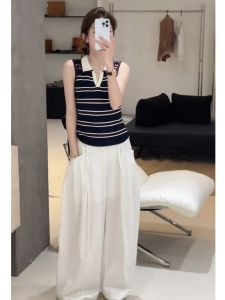 YUEZHONGWEI | Color Block Striped Turn-down Collar Icy Silk Sleeveless Top Slim Fit