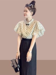 Fashionable Polka Dot Ruffled Short Sleeves Shirt Summer Womens Stylish New Chinese Style Chinese Style Buckle Chiffon Top Clothes