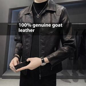 Genuine Leather Mens Leather Jacket Slim-fit Leather Jacket Korean Casual Fleece Lining Thickened Lapel Handsome Motorcycle Jacket Men