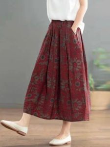 2024 Spring Autumn Floral Print Half-length National Style Cotton Linen Loose Artistic Retro Womens Skirt Midi A-line Skirt