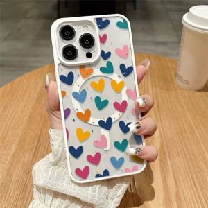 Cute Colorful Heart Pattern Magnetic PC+TPU Phone Case For iPhone 18 17 16 15 14 13 12 11 Pro Max Plus MagSafe Shockproof Cover