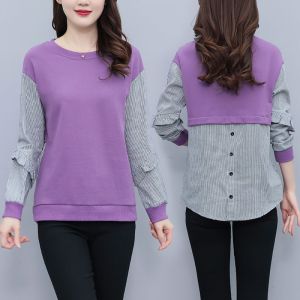 เสื้อสเวตเตอร์แขนยาวแถบเย็บปะติดปะต่อกันแบบสวมหัวสีตัดกันเสื้อมีฮู้ดลำลองสำนักงานสไตล์เกาหลีของผู้หญิง2025