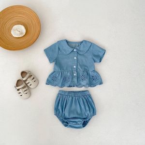 Summer Baby Girls Short Sleeve Denim Top And Shorts Set Thin Clothes Butt Covering Shorts 2-Piece Set Daily Wear Pure Color