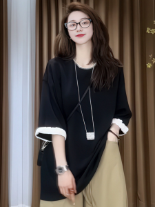 Fashionable Black Short Sleeve round Neck T-Shirt Womens Slim Fit Summer Large Size Beautiful Korean Style Top for plus Size