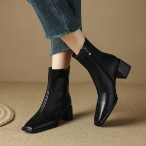 รองเท้าบูทเชลซีสีแดงเข้มสไตล์ย้อนยุคสำหรับผู้หญิง ทรงหัวเหลี่ยม ด้านข้างซิป หนังวัว รองเท้าบูทแฟชั่นฤดูใบไม้ผลิและฤดูใบไม้ร่วง