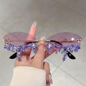 KAMMPT Rimless Tear Shaped Sunglasses with Rhinestones Women Fashion Decorative Shades Trendy Stylish Design Rave Sun Glasses