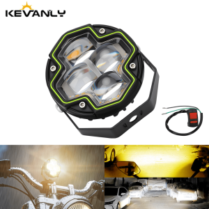 KEVANLY | 1x Motorcycle 4 Lens Spotlight Dual Color Flash Work Lamp for Truck ATV UTV 4x4 Offroad white yellow Hi/Lo Beam Light 12V