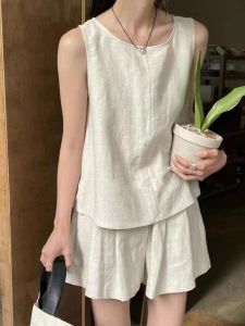 Japanese Style Pure Color Casual Cotton and Linen Suit Womens Summer Thin Asymmetrical Vest Slimming Wide Leg Shorts Linen Two-Piece Set