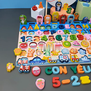 Bộ bảng gỗ câu cá học chữ học số ghép hình học động vật trái cây đồ chơi phát triển trí tuệ cho bé