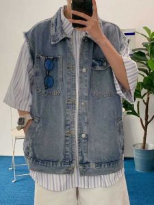 Japanese Style Denim Vest Man Spring Summer Fashion Brand Loose Casual Sleeveless Bandage Dress Tops Couple Waistcoat Vest Outwear