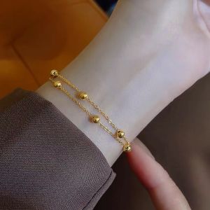 Non-Fading Titanium Steel Bracelet Beads Double Triple Layer Wearable in the Bath Gold Plated 18K Womens Fashion Jewelry